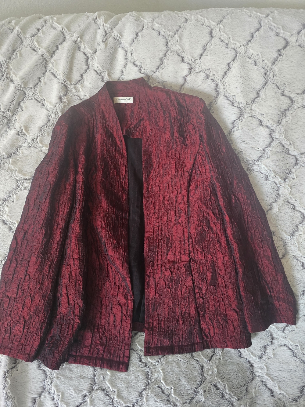 Coldwater Creek Crinkled Satin Open Jacket Deep Red Black Sz XL EUC 20"W X 27"L